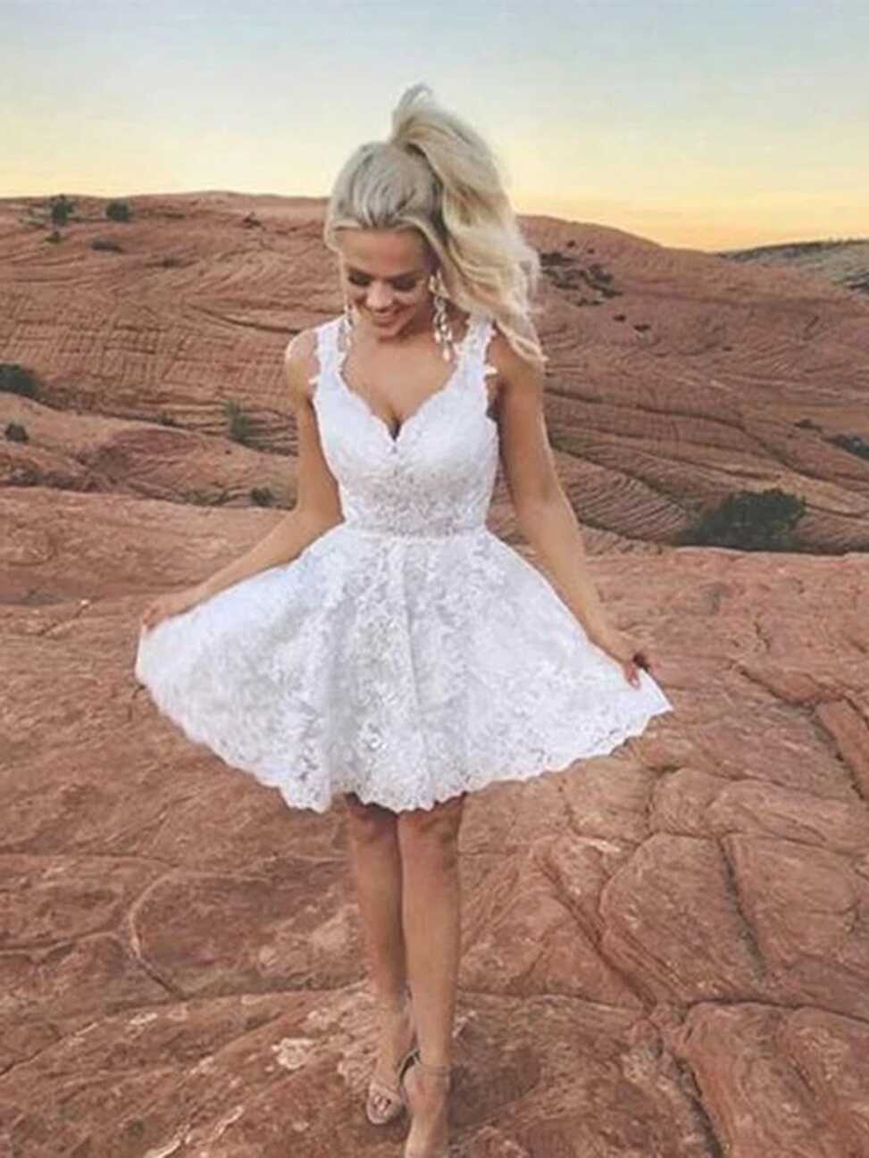 A Line Sweetheart Neck Cute White Lace Short Prom Dresses, Short ...