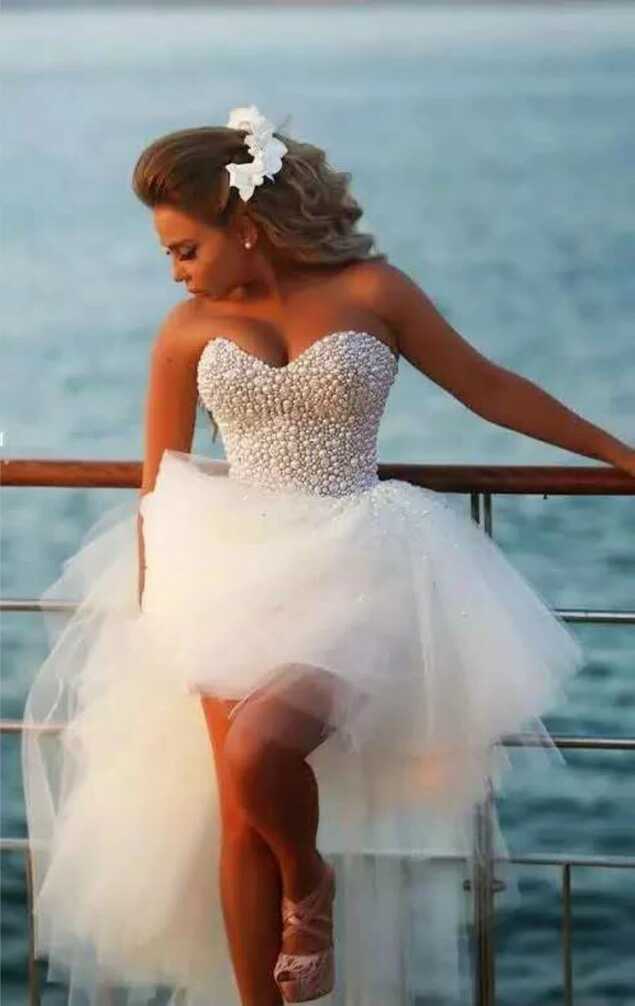 A Line Sweetheart Short Beach Pearl Hi-Lo Tulle White Wedding ...