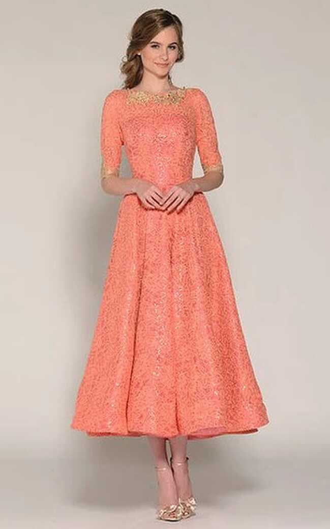 A-Line Tea-Length Half Sleeve Jewel Neck Beaded Lace Prom Dress ...