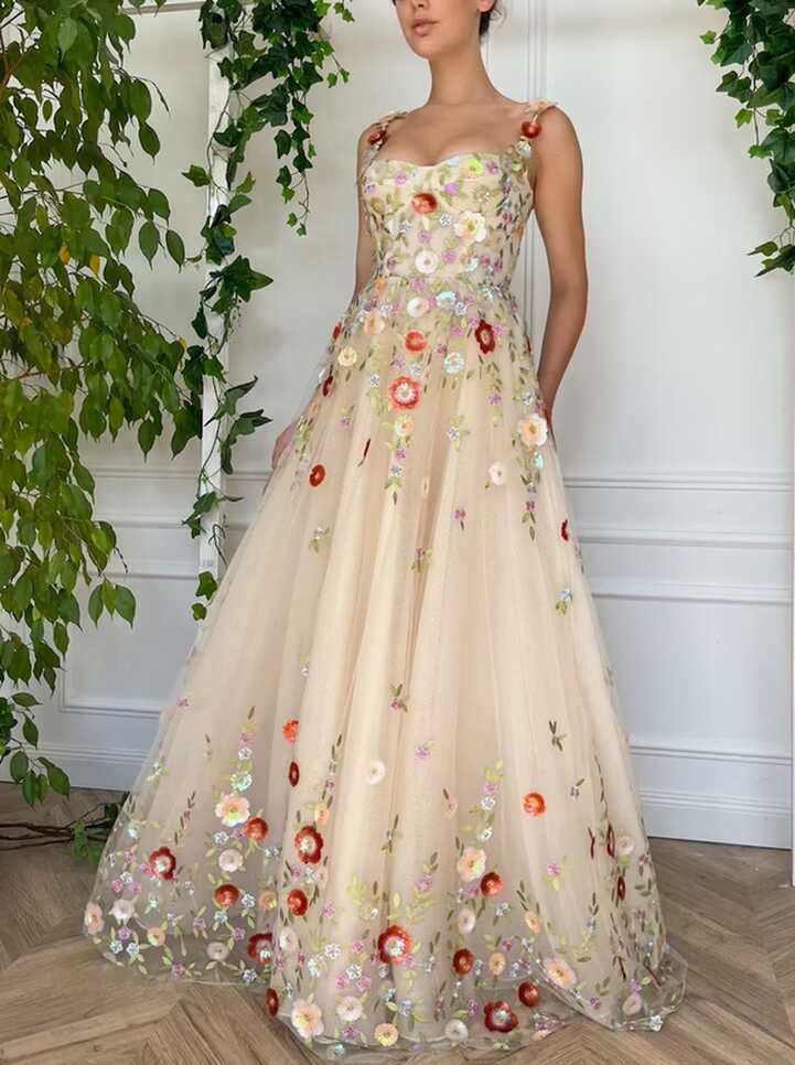 A Line Tulle Floral Princess Formal Dress Straps Embroidered Prom ...