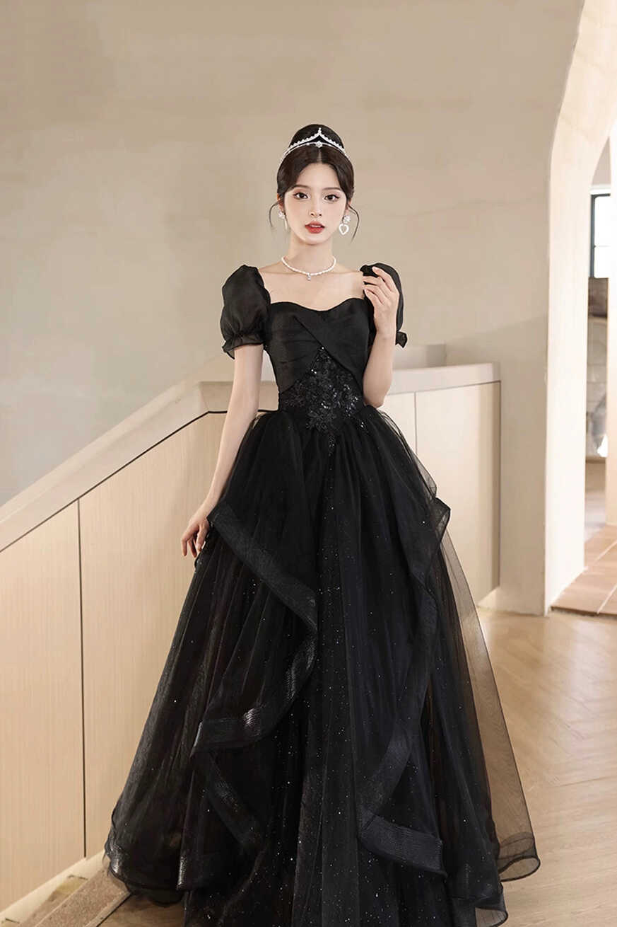 A-Line Tulle Lace Short Sleeve Prom Dress, Lovely Floor Length Evening