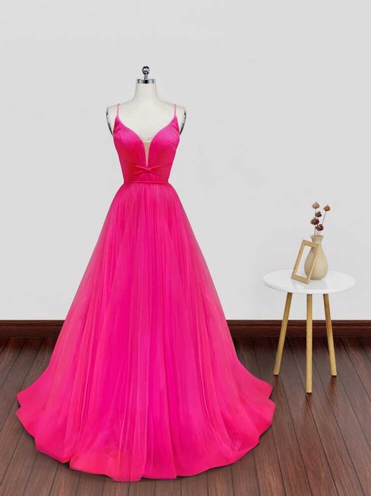 A Line V Neck Backless Hot Pink Tulle Prom Dresses, Hot Pink Open ...