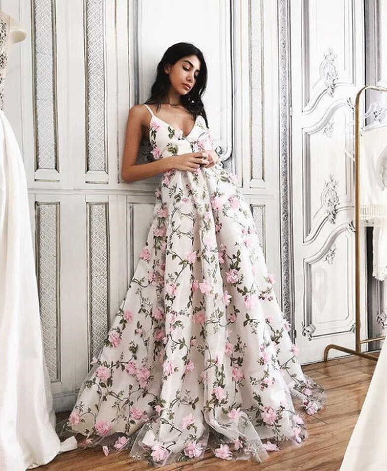 A Line V Neck Backless Pink Lace Floral White Prom, Pink 3D Flower ...