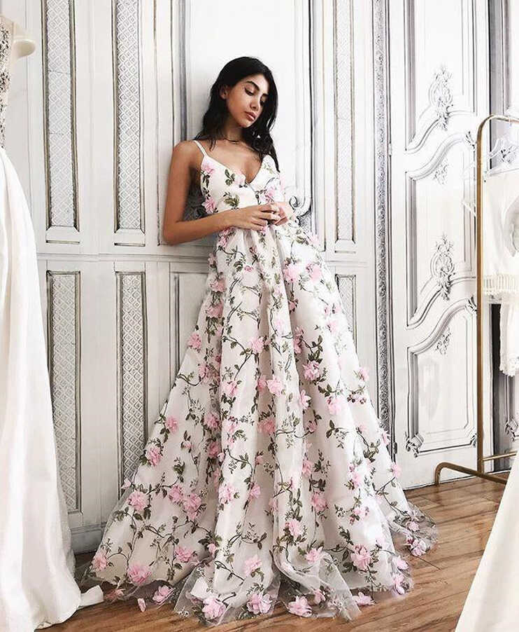 A Line V Neck Backless Pink Lace Floral White Prom Dresses, Pink ...