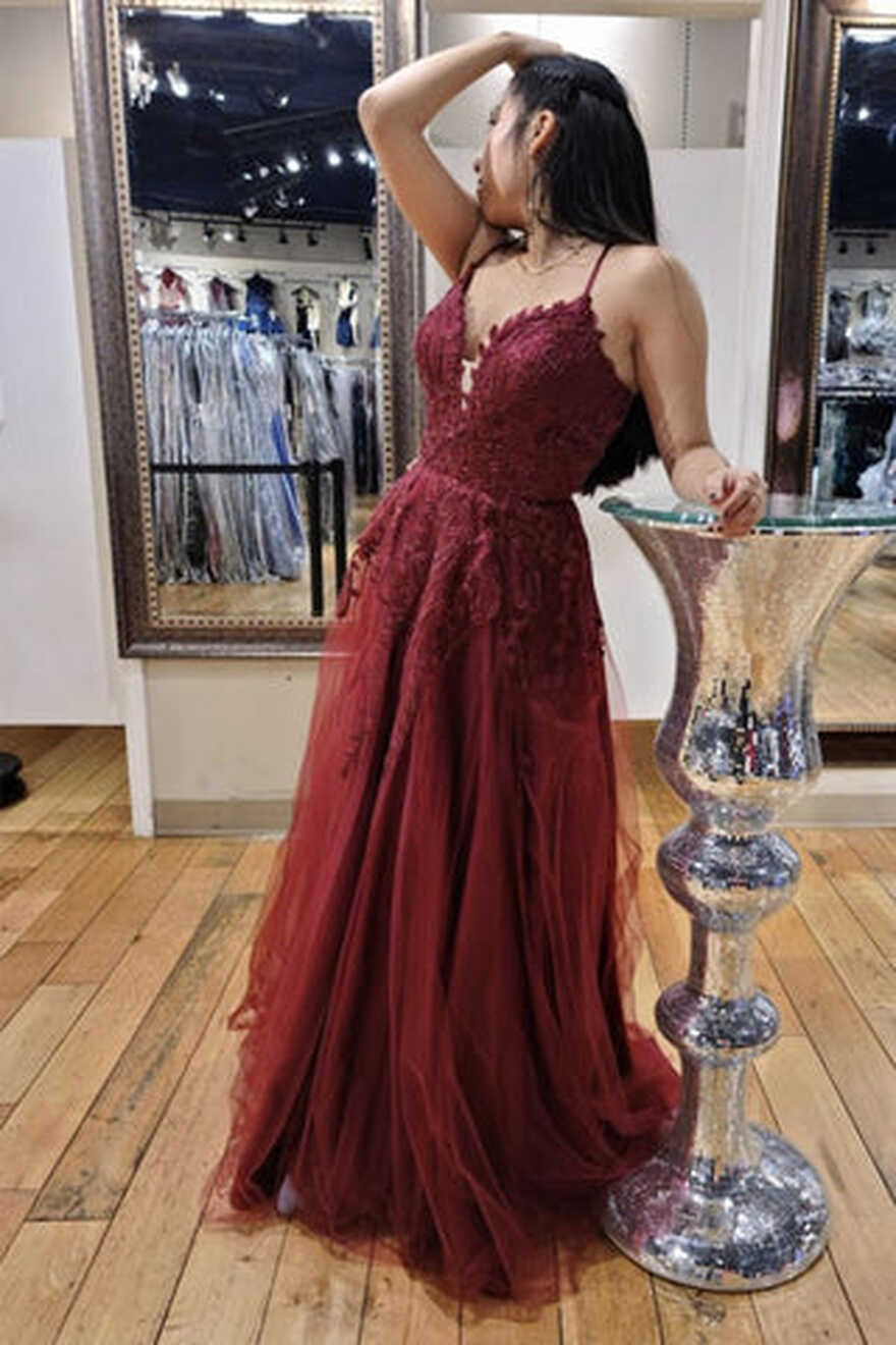 A Line V Neck Burgundy Lace Long Prom Dress, Long Burgundy Lace ...