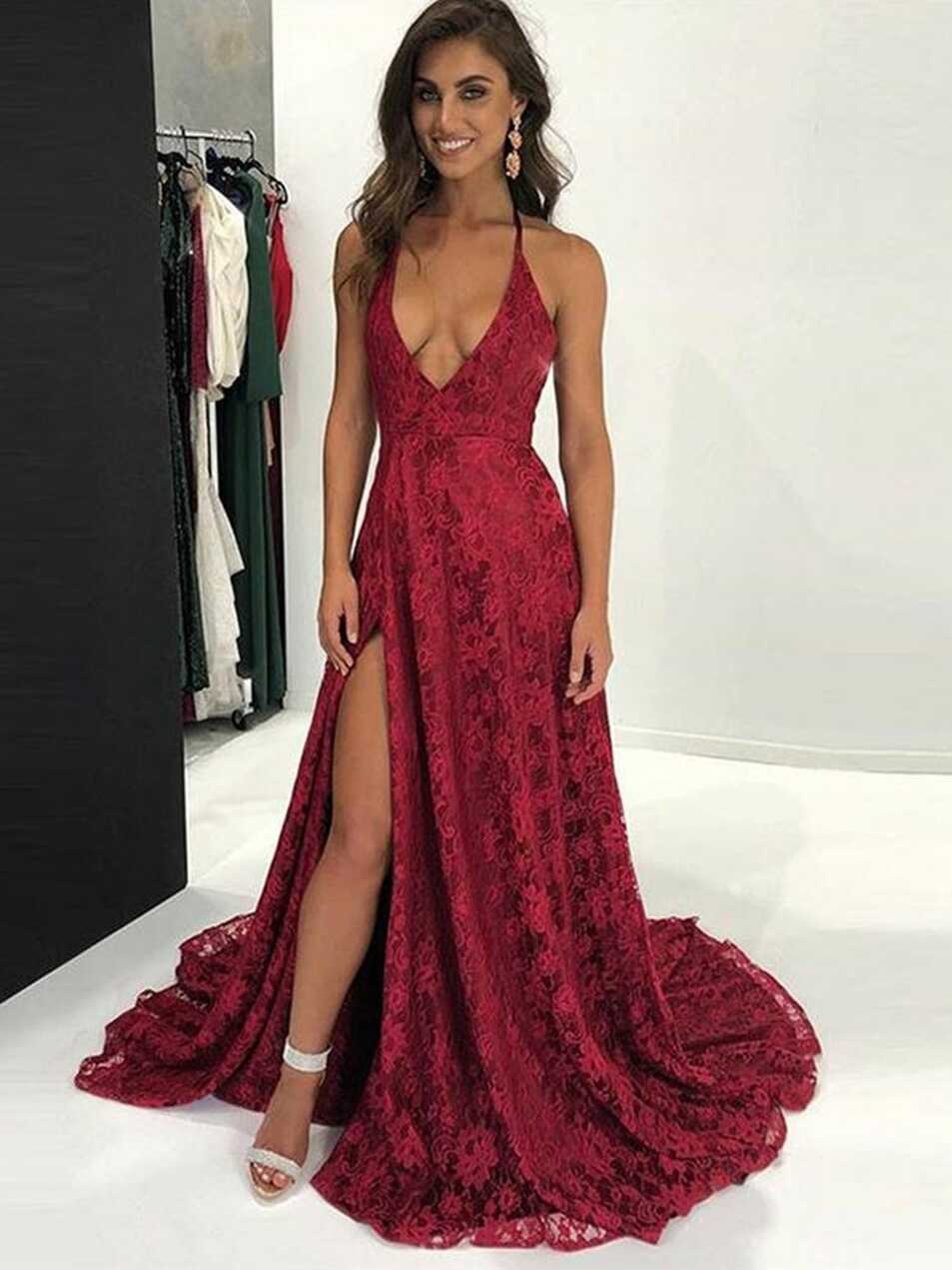 A Line V Neck Burgundy Lace Prom Dresses With Leg Slit, Backless ...