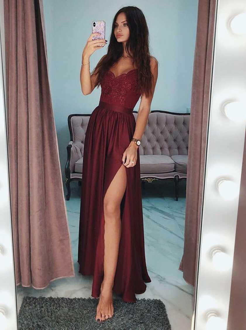 A Line V Neck Burgundy Lace Prom Dresses with Side Slit, Burgundy ...