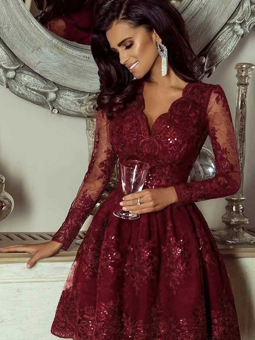 A Line V Neck Burgundy Lace Short Prom Dresses, Long Sleeves Short ...