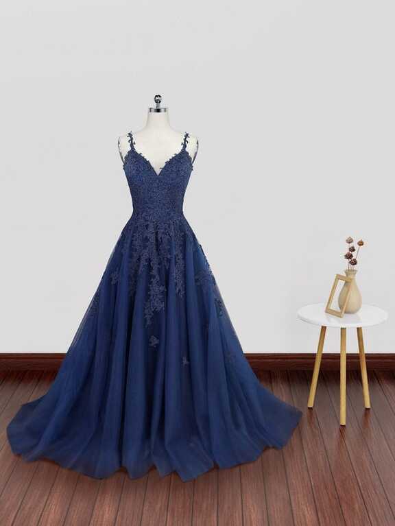 A Line V Neck Dark Navy Blue Lace Prom Dresses, Dark Navy Blue ...