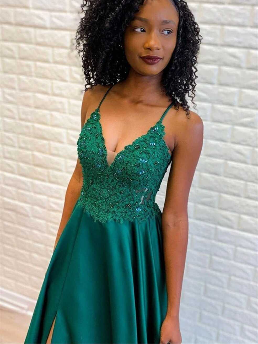 A Line V Neck Emerald Green Spaghetti Straps Lace Appliques Prom ...