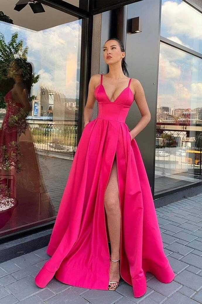 A Line V Neck Gray/Red/Pink Satin Split Prom/Formal Dresses – Pgmdress