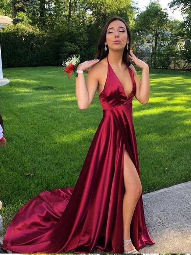 A Line V Neck Halter Neck Burgundy Backless Prom Dresses, Burgundy ...