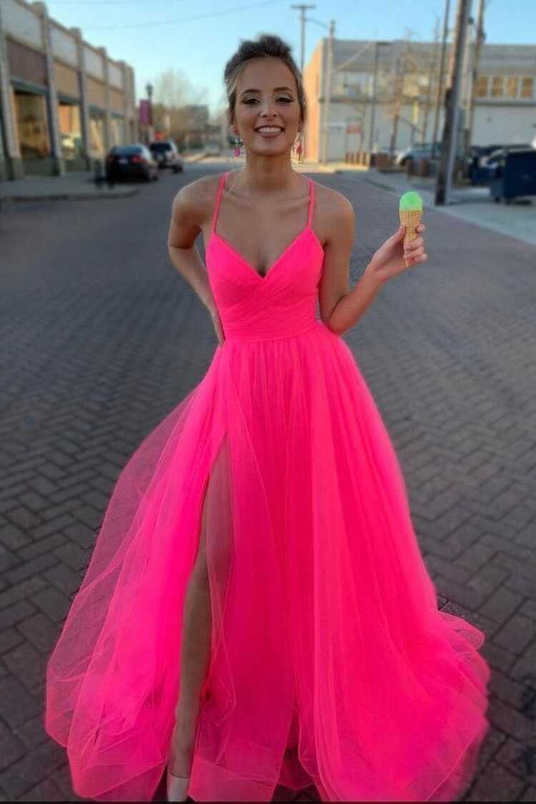 A Line V Neck Hot Pink Tulle Prom Dresses Formal Dresses-Pgmdress