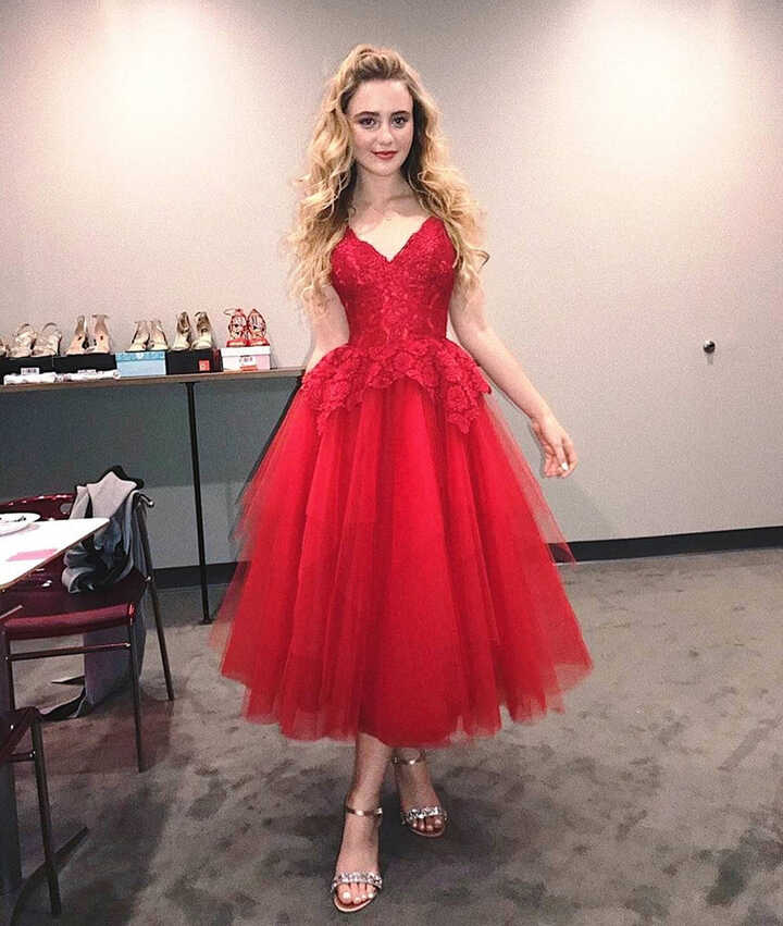 A Line V Neck Knee Leggth Lace Red Prom Dresses, Red Lace Formal ...