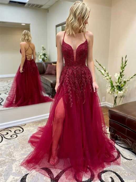 A Line V Neck Lace Long Burgundy Backless Prom Dress with Slit ...