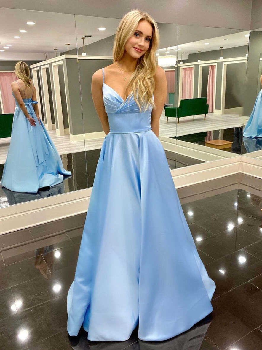 A Line V Neck Light Blue Prom Dresses, Light Blue V Neck Long ...