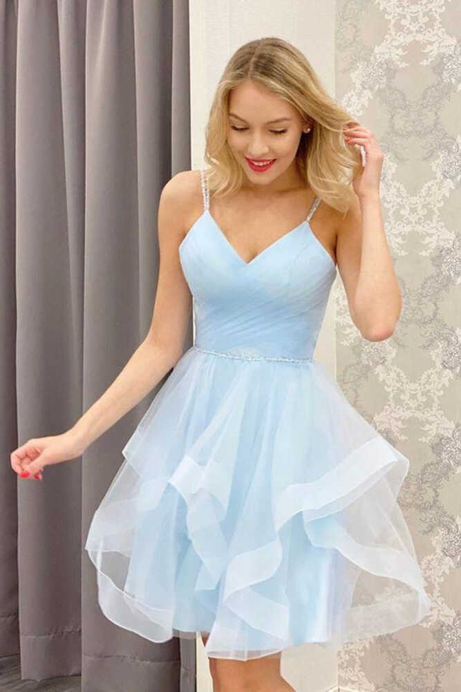 A-Line V Neck Light Blue Short Homecoming Dresses | KissProm