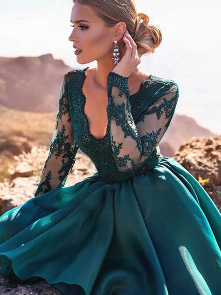 A Line V Neck Long Sleeves Short Green Lace Prom Dresses, Short ...