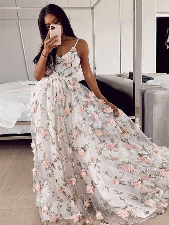 A Line V Neck Pink 3D Flowers White Long Prom Dresses, Pink 3D ...