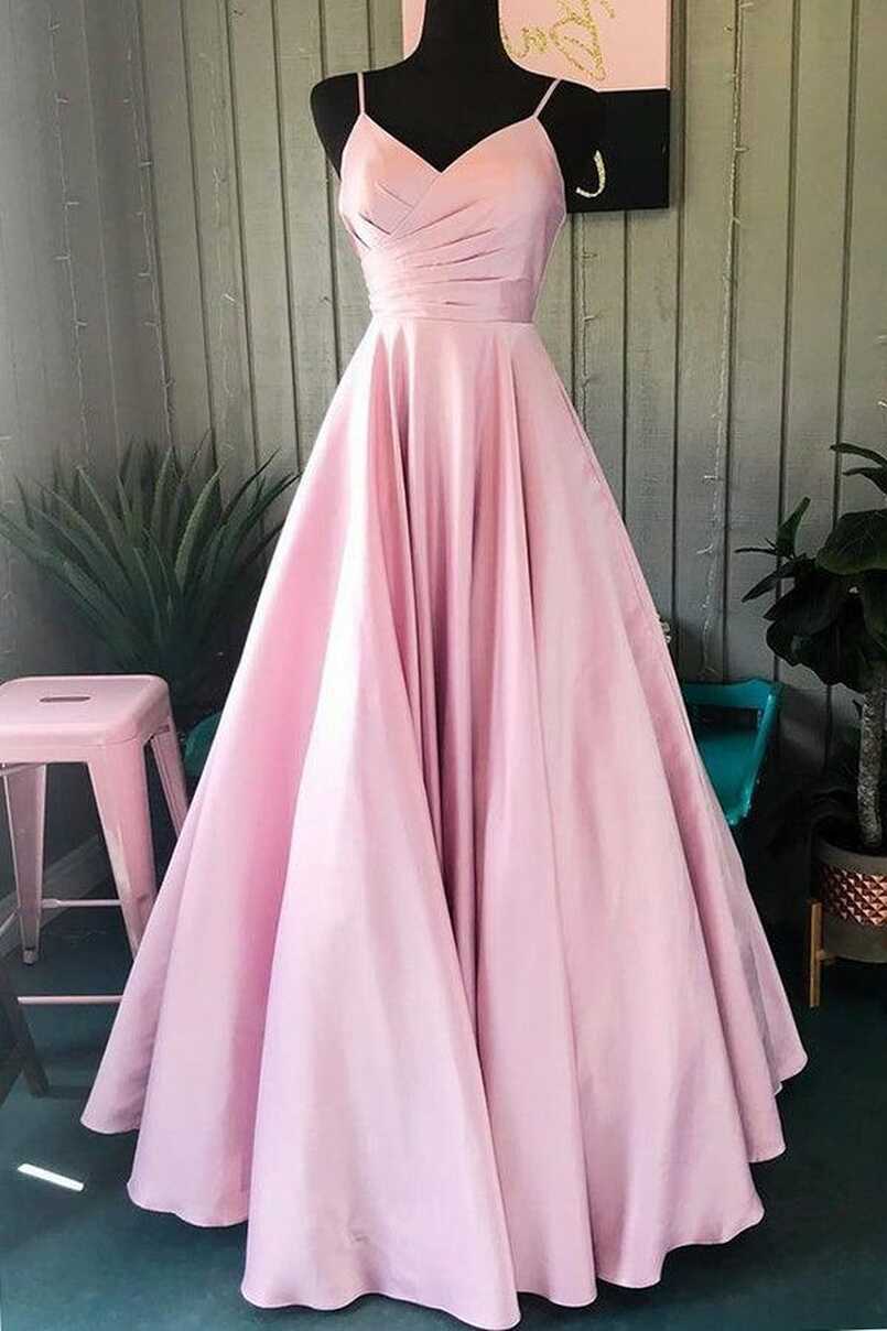 A Line V Neck Pink Spaghetti Straps Satin Prom Dresses Formal ...