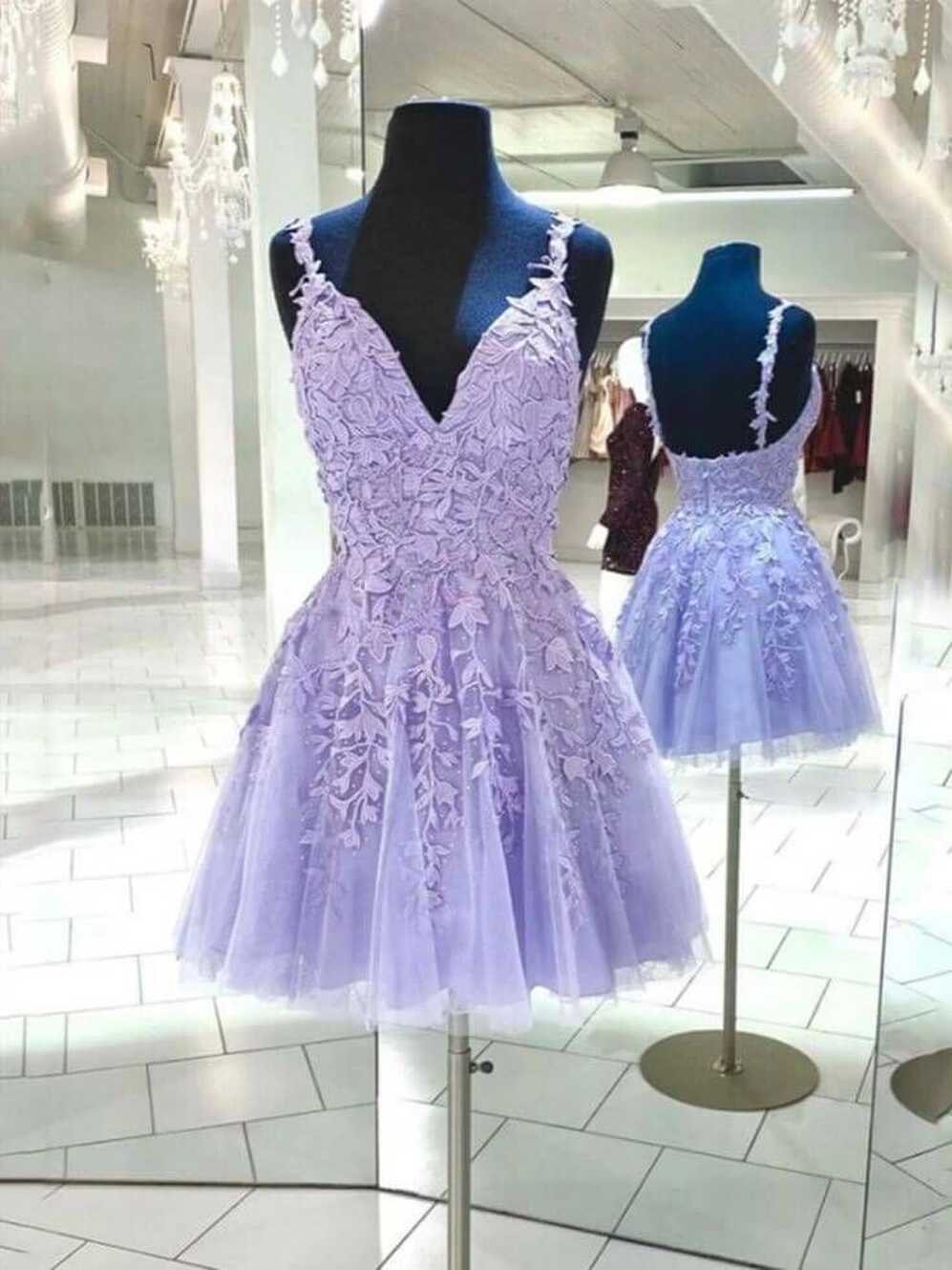 A Line V Neck Purple 2024 Homecoming Dress Cheap Lace Short ...