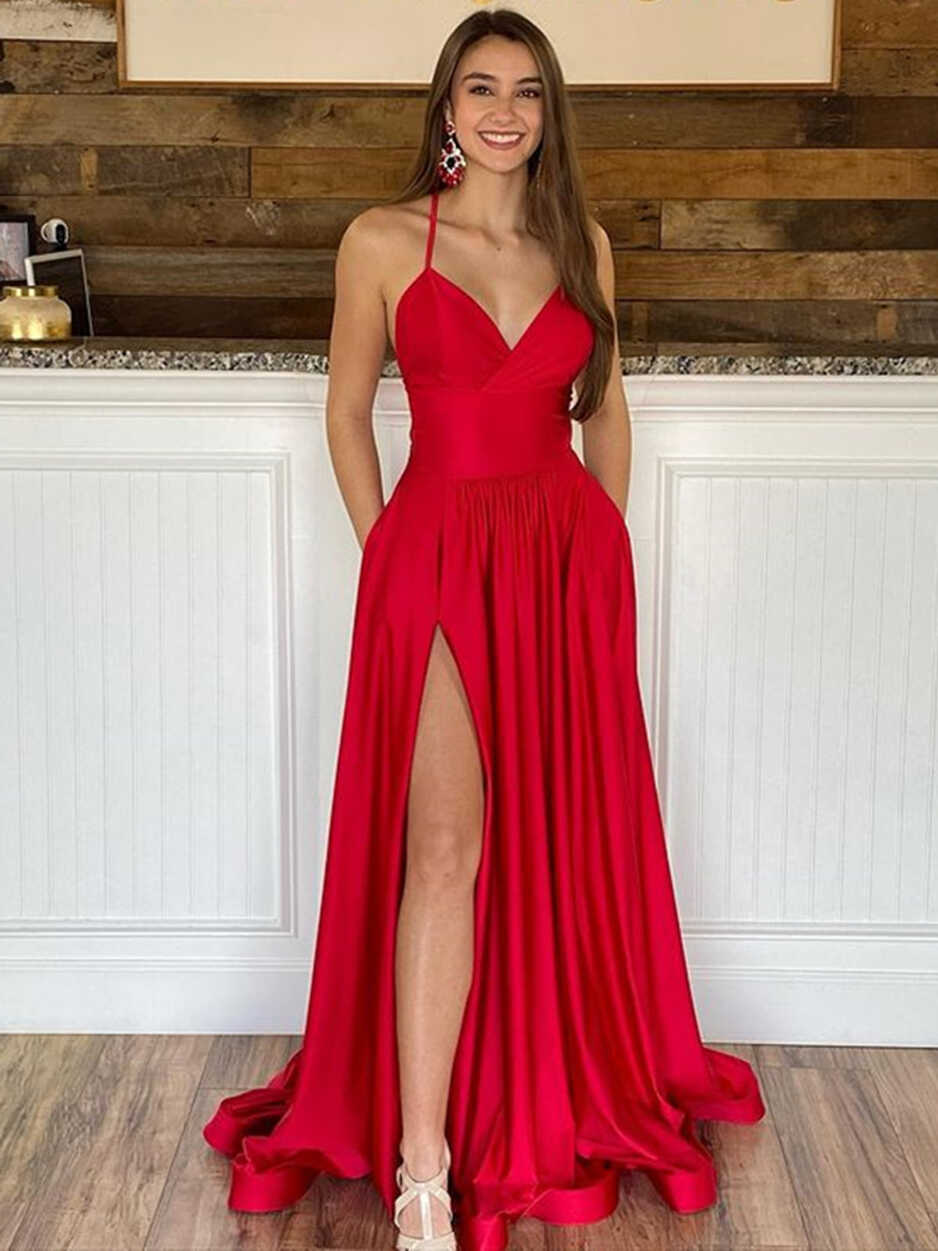 A Line V Neck Red High Slit Prom Dresses, V Neck Red Long Formal ...