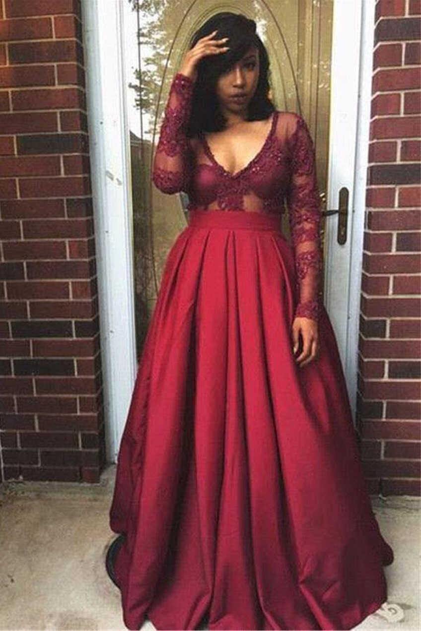 A Line V Neck Satin Burgundy Long Sleeve Prom Dress JTA1751