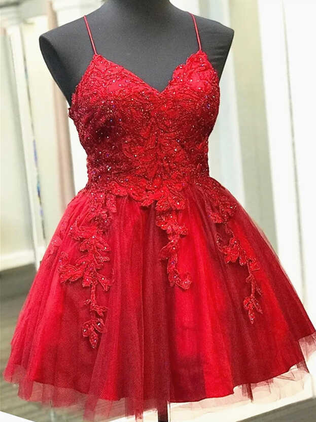 A Line V Neck Short Backless Red Lace Prom Dresses, Short Red ...