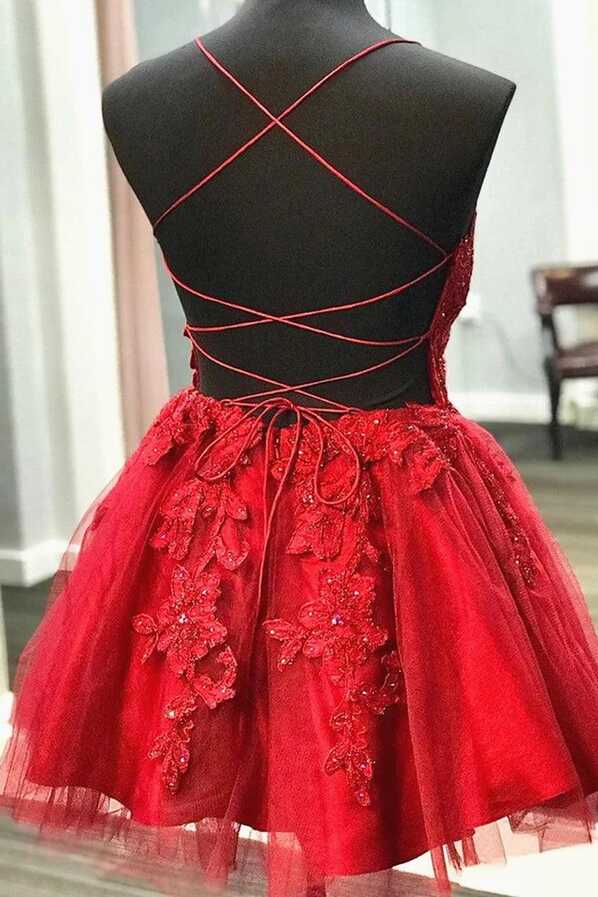 A Line V Neck Short Backless Red Lace Prom Dresses Homecoming ...