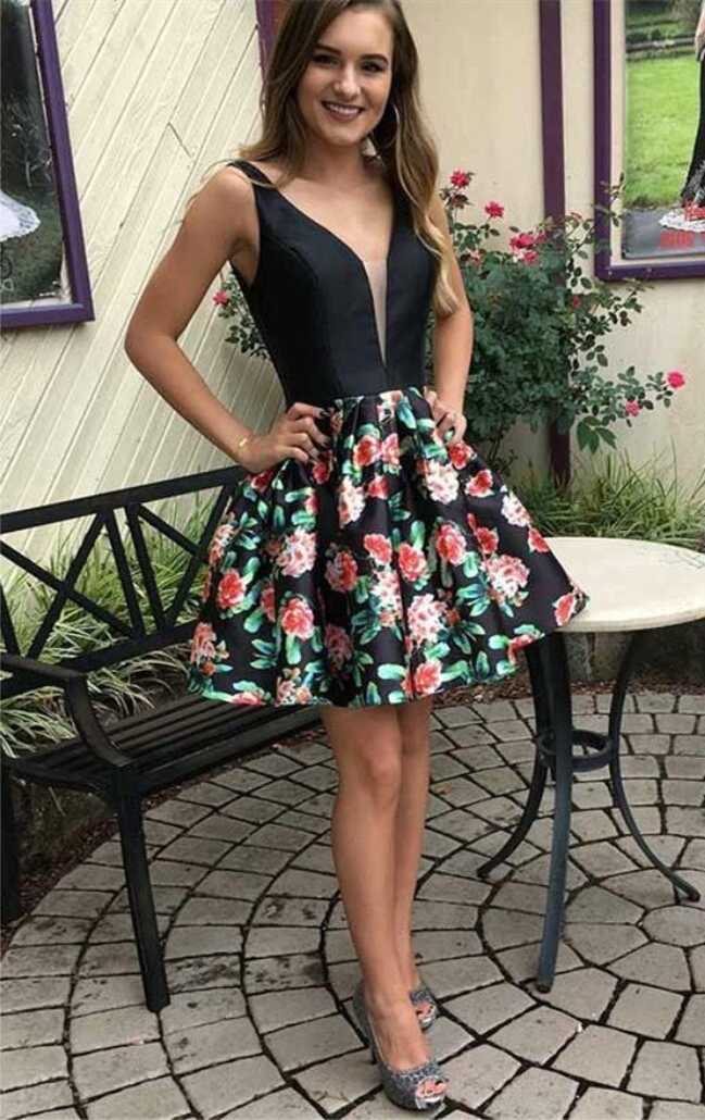 A-Line V-Neck Short Black Floral Homecoming Dress