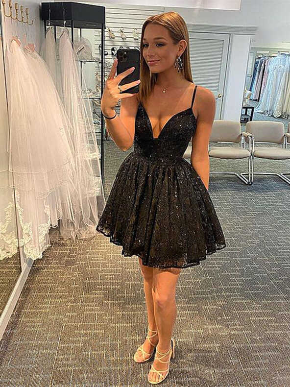 A Line V Neck Short Black Lace Prom Dresses, Short Black Lace ...