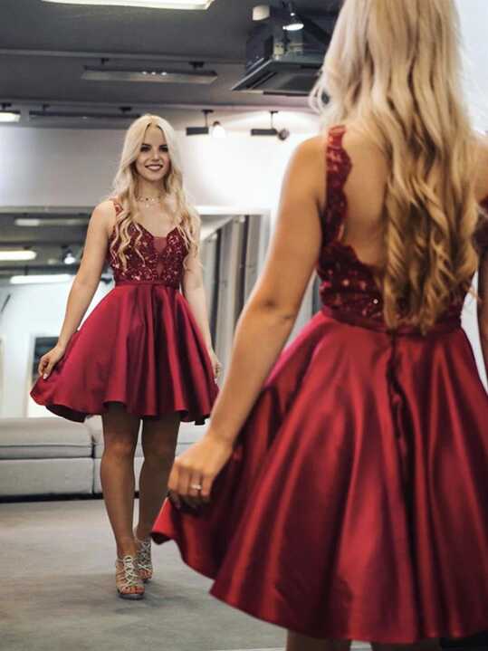 A Line V Neck Short Burgundy Lace Prom Dresses, Wine Red Short ...