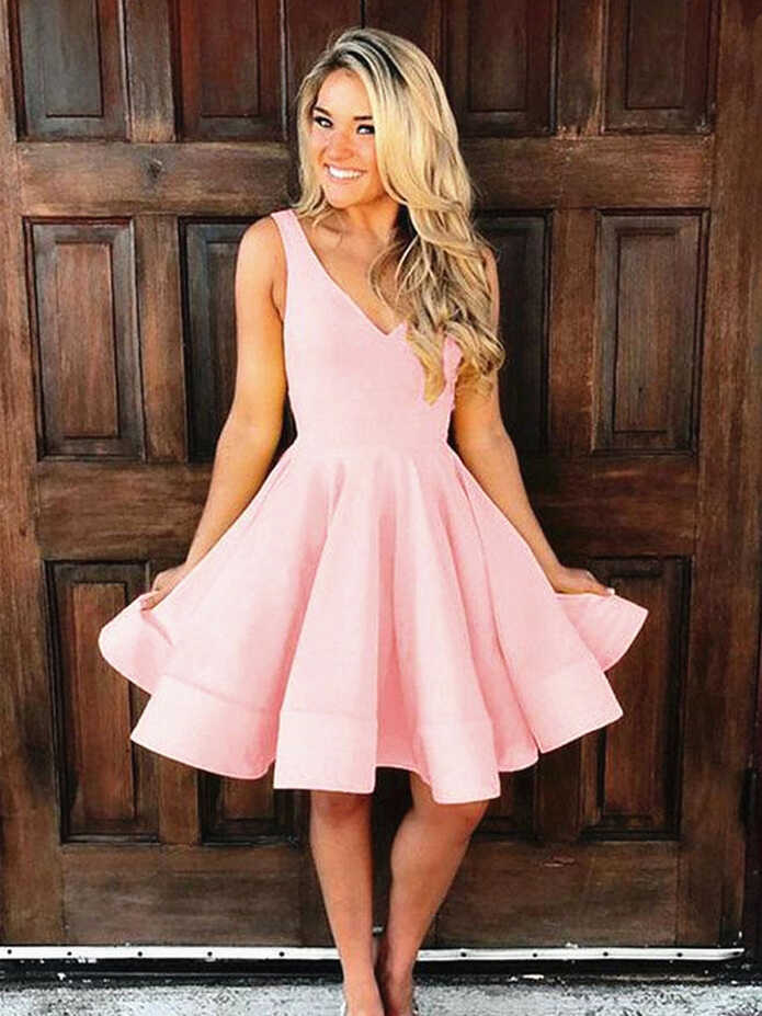 A Line V Neck Short Pink Prom Dresses, Short Pink Satin Formal ...