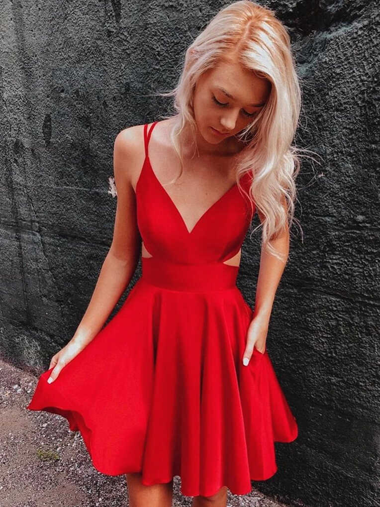 A Line V Neck Short Red Prom Dresses, Short Red Homecoming ...