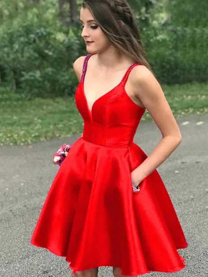 A Line V Neck Short Red Satin Prom Dresses, Short Red Formal ...