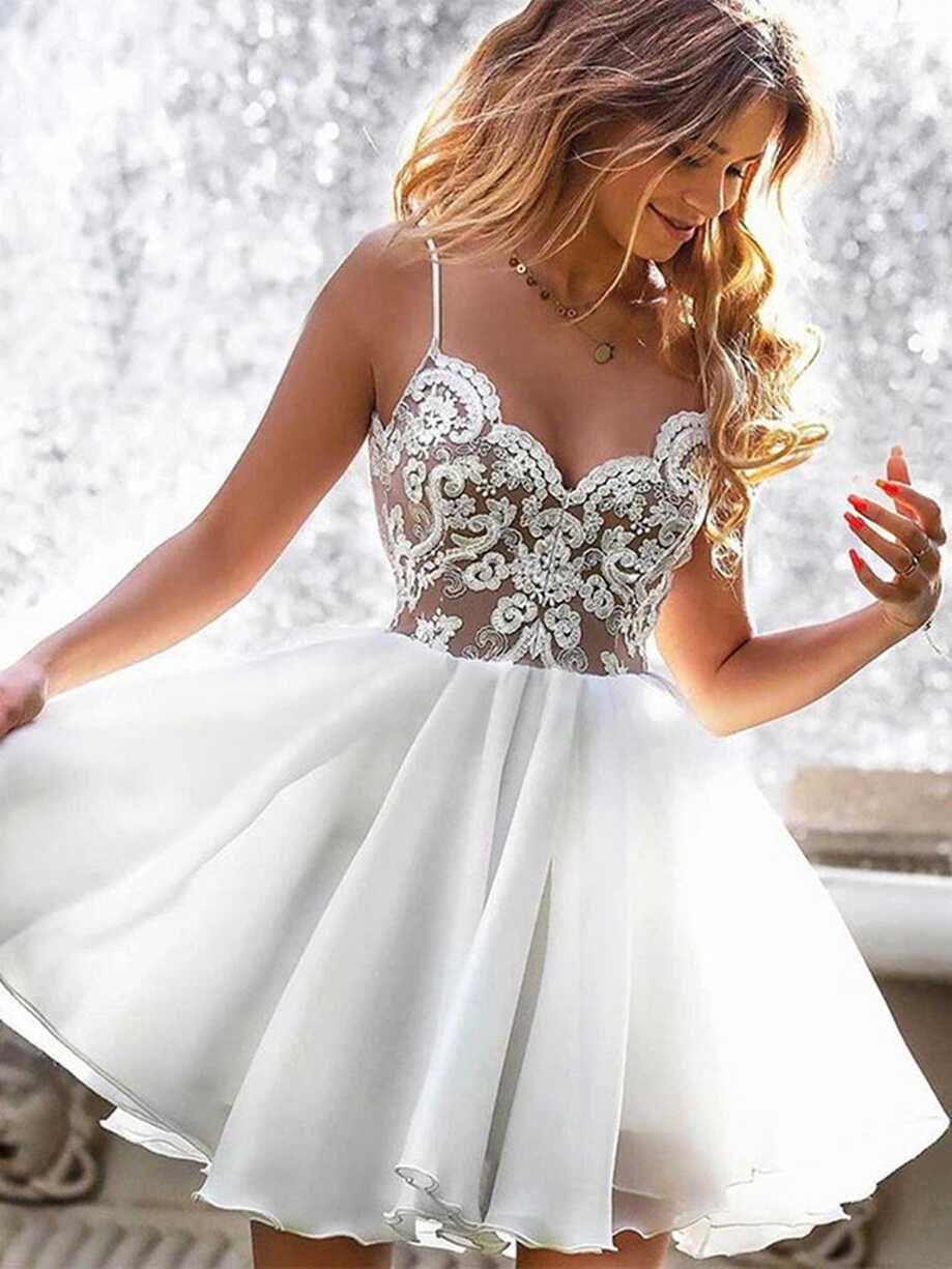 A Line V Neck Short White Lace Prom Dresses, Short White Lace ...