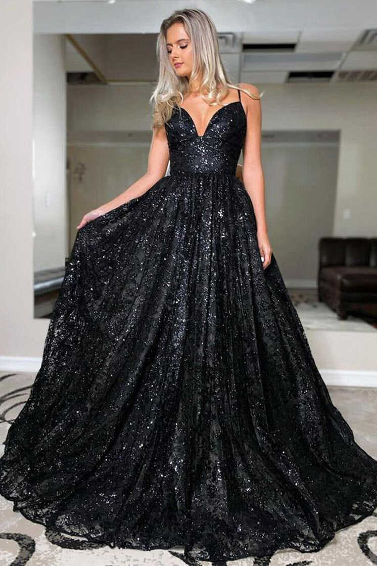 A Line V Neck Spaghetti Straps Black Prom Dress JTA2241