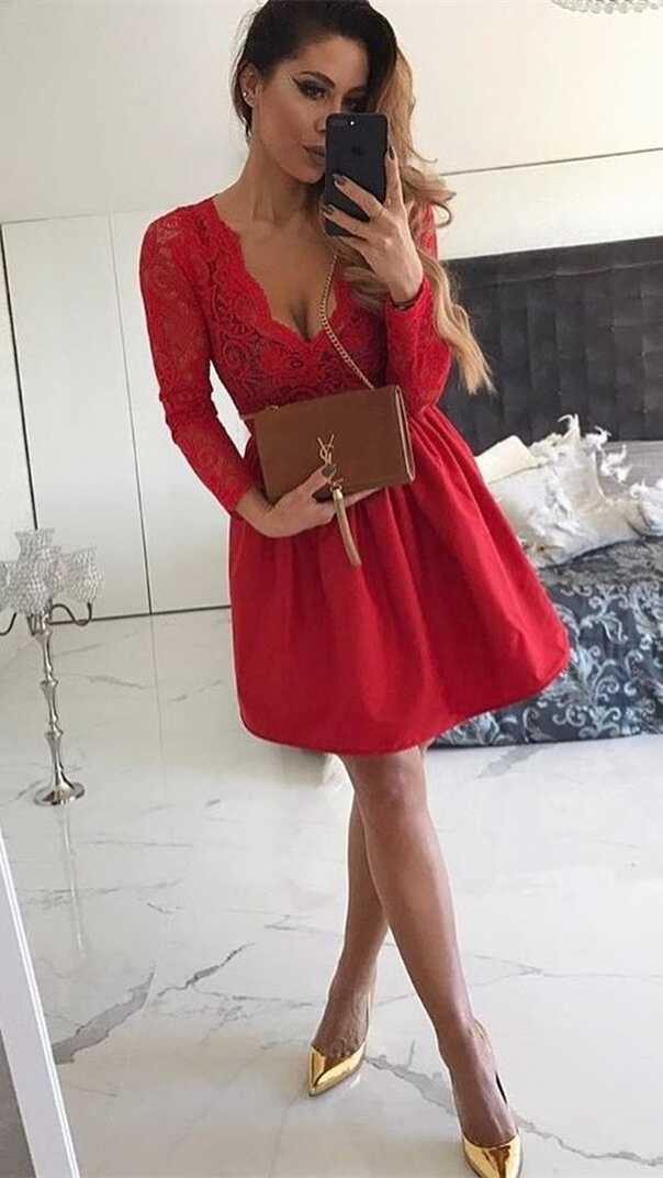 A-Line V-neck Above-Knee Red Homecoming Dress with Lace