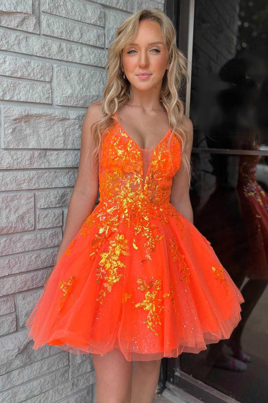 A Line V neck Sequins Appliques Orange Homecoming Dress Short ...