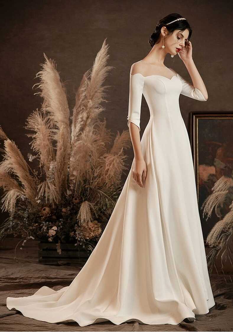 A Line Wedding Dress Simple Satin Wedding Gown Long Sleeve Wedding ...