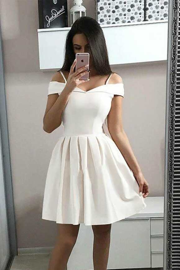 A-Line White Spaghetti Straps Satin Homecoming Dress Short Prom ...