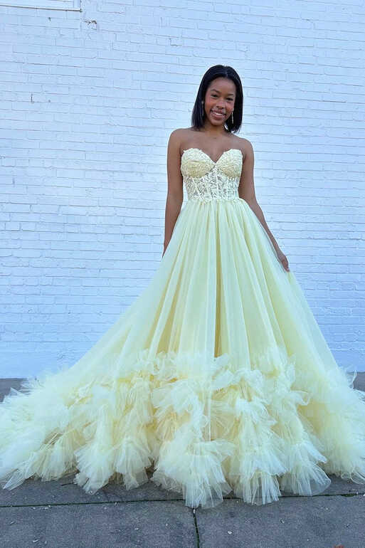 A-Line Yellow Sweetheart Corset Ruffle Prom Dress, Beautiful Tulle For