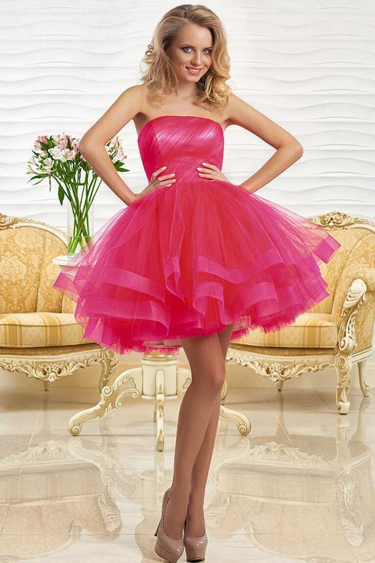 A Tulle Sleeveless Tiered Line Strapless Short Ruched Mini Dress