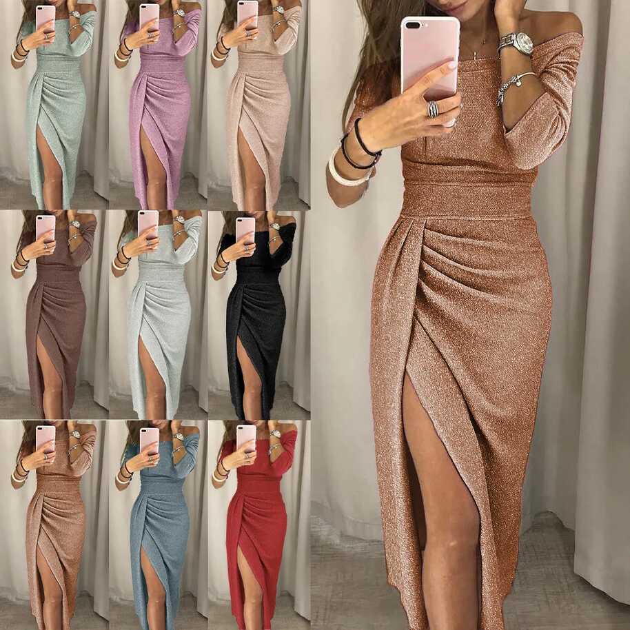 A Womens Off Shoulder Maxi Long Dress Ladies Shiny Party Formal ...