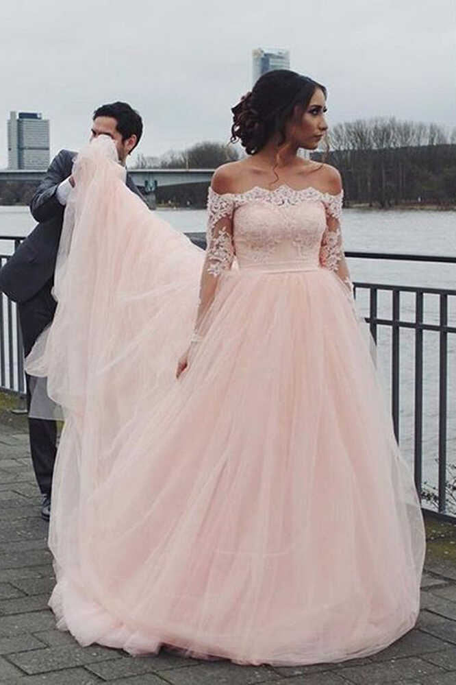 A-line Blush Pink Off Shoulder Long Sleeves Wedding Dress WD688 ...