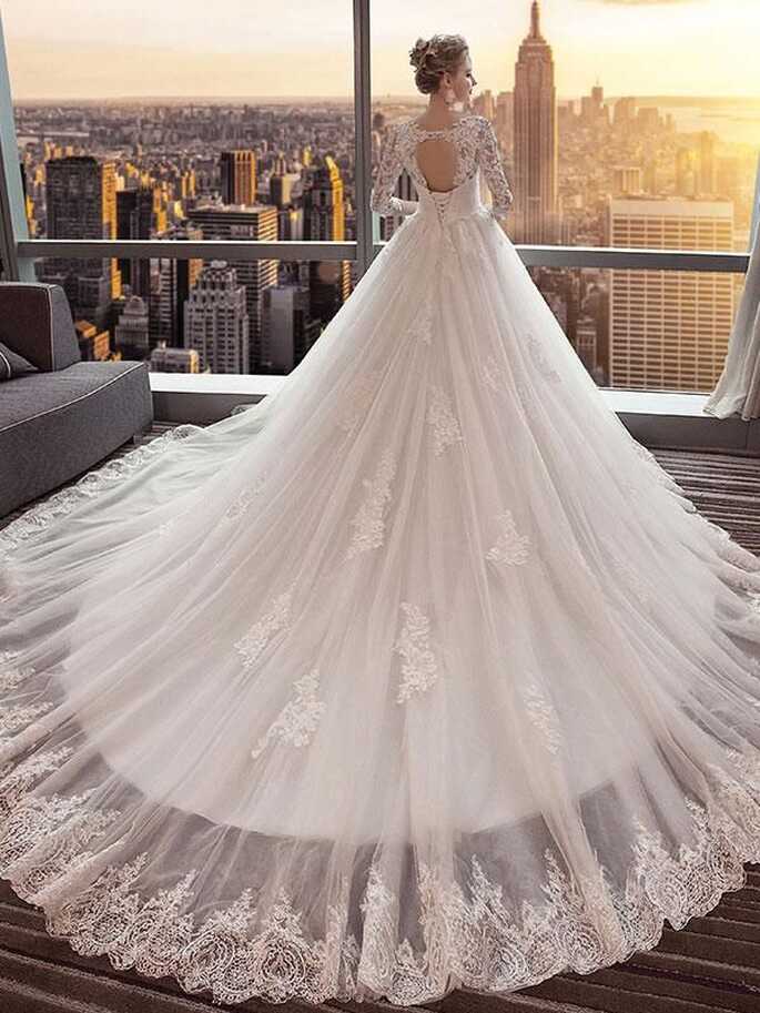 A-line Cathedral Train Royal Lace Wedding Dresses with 3/4 Sleeves ...