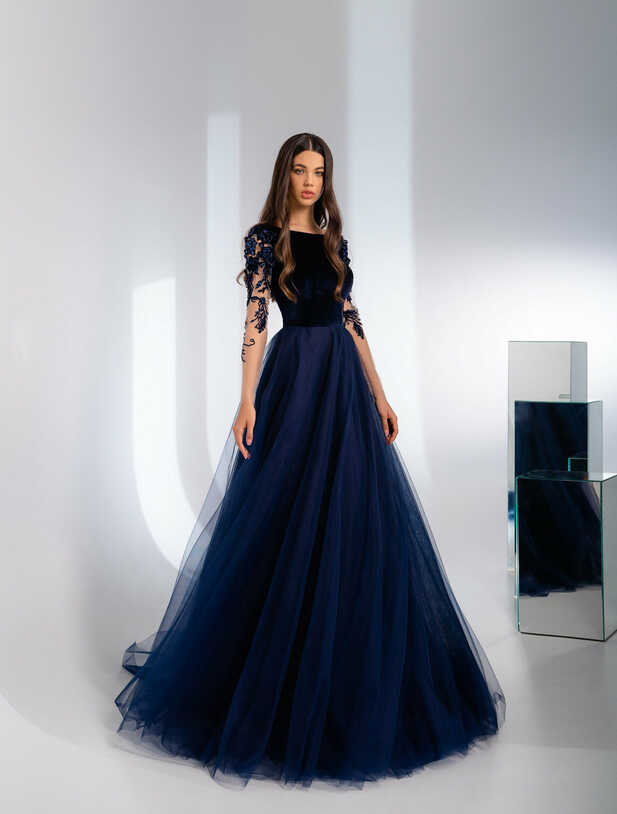 A-line Evening Dress, Long Sleeves Prom Dress, Navy Blue Evening ...