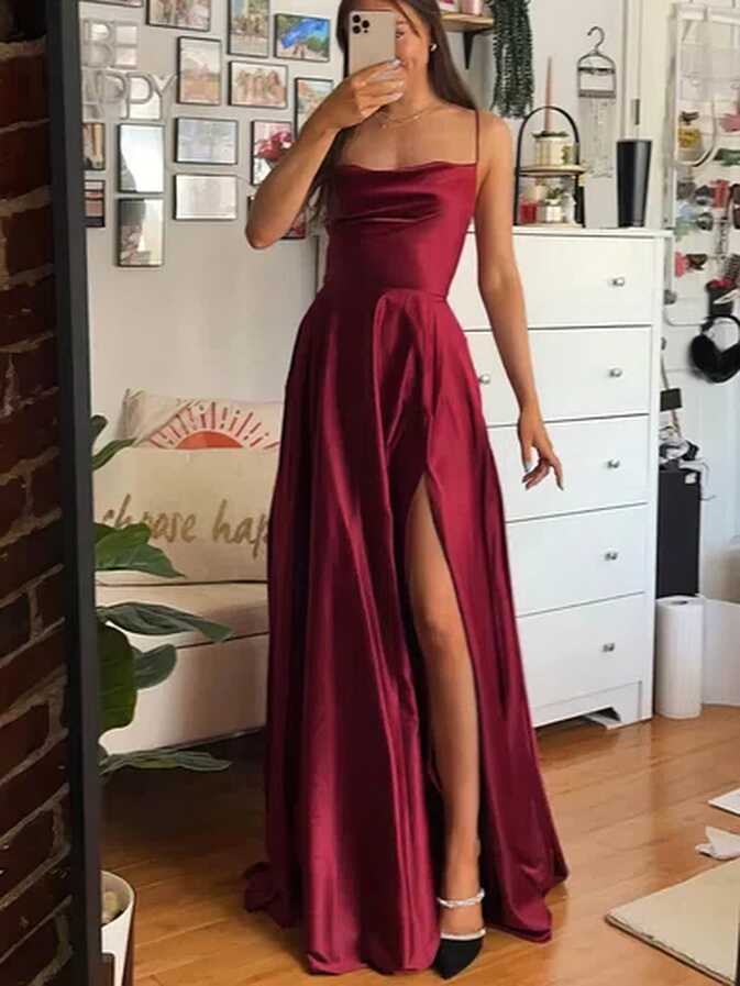 A-line Floor-length Cowl Neck Silk-like Satin Split Front Prom ...