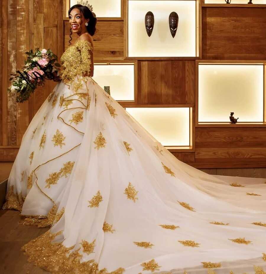 A-line Gold Lace Wedding Dresses For Nigerian Bride Modest African ...