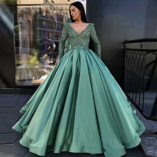 A-line Gorgeous Green Long Sleeves V-neck Modest Elegant Formal ...